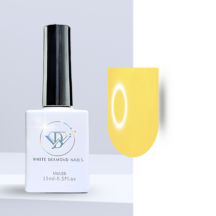 A bottle of White Diamond Nails gel polish in In the Bright Sunlight, shade 203, featuring a sleek white design with a holographic logo. The polish showcases a bold, bright yellow hue with a creamy finish, perfect for a vibrant and sunny manicure, set against a clean background.