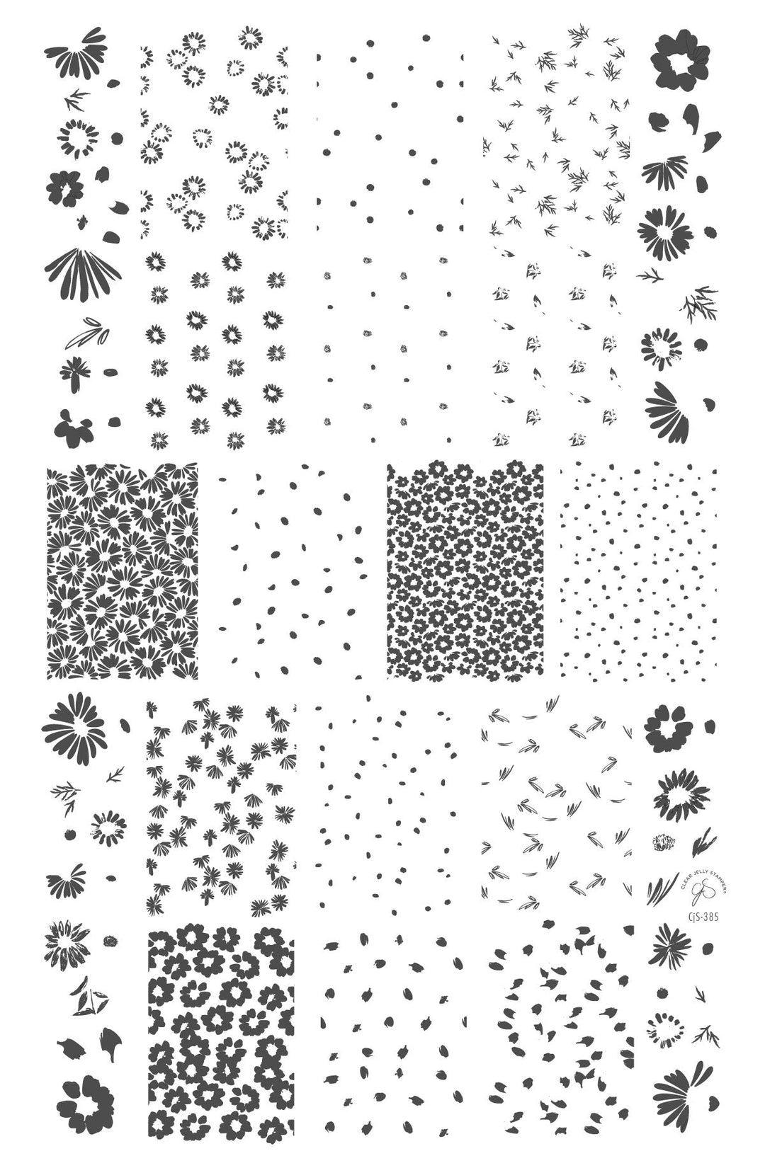 Black and white version of the CjS-385 Crazy for Daisies plate showing all stamping elements including flower outlines, fillers, and foliage.