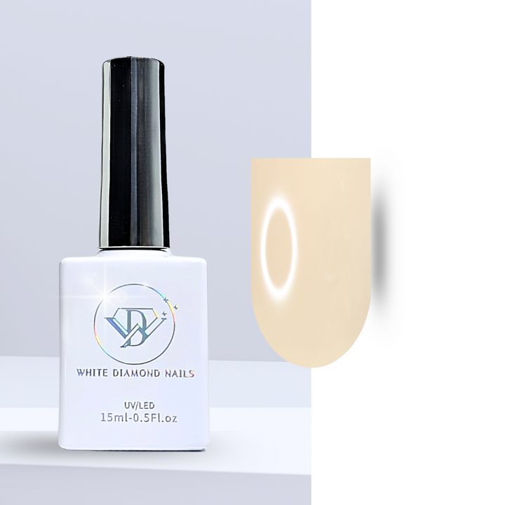 A bottle of White Diamond Nails gel polish in Moonlight, shade 210, featuring a sleek white design with a holographic logo. The polish showcases a creamy, light yellow hue, perfect for a soft and cheerful manicure, set against a clean background.