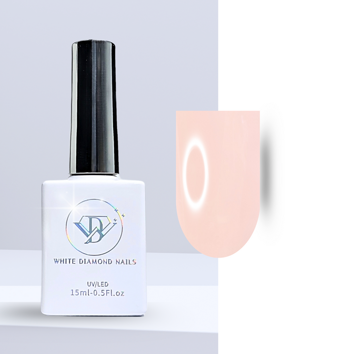 A bottle of White Diamond Nails gel polish in Subtle Sands, shade 206, featuring a sleek white design with a holographic logo. The polish showcases a soft, sandy beige hue with a creamy finish, perfect for a neutral and elegant manicure, set against a clean background.