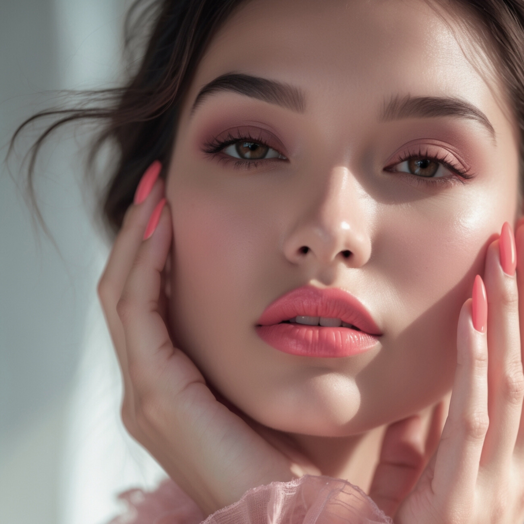 Close-up of a model with glowing skin and coral-pink gel nails near her face, lit by natural light with an airy, bright background.