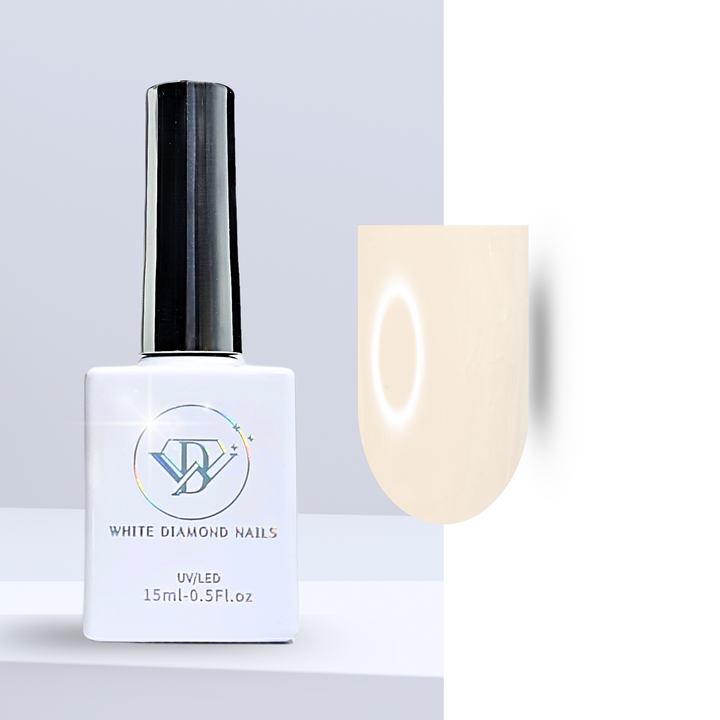 A bottle of White Diamond Nails gel polish in Creamy Caramel, shade 205, featuring a sleek white design with a holographic logo. The polish showcases a warm, caramel-toned hue with a creamy finish, perfect for a sophisticated and neutral manicure, set against a clean background.