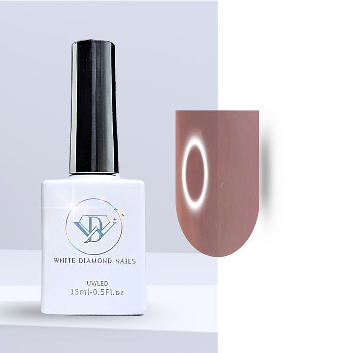 White Diamond Nails GEL POLISH 387 MILK CHOCOLATE bottle with a swatch displaying the rich chocolate-brown color in a glossy finish, presented against a clean, minimal background.