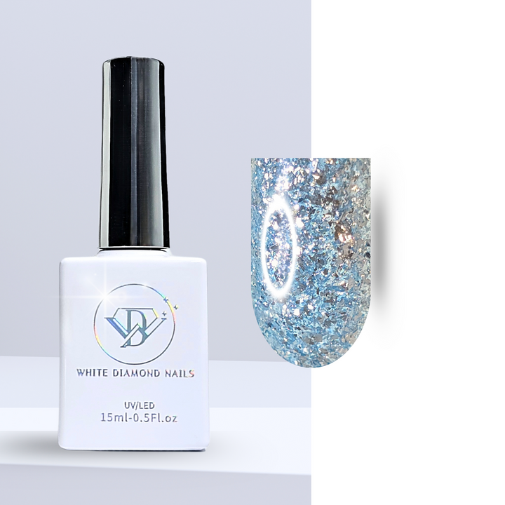 A bottle of White Diamond Nails gel polish in Dazzling Skylight, shade 337, featuring a sleek white design with a holographic logo. The polish showcases a shimmering light blue hue with fine glitter, perfect for an eye-catching and luminous manicure, set against a clean background.