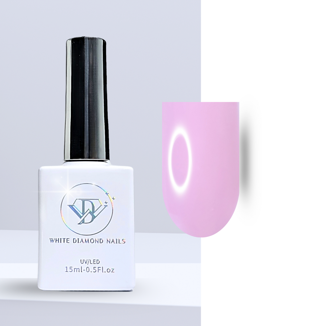 A bottle of White Diamond Nails gel polish with a sleek white design and holographic logo, labeled 15ml. Displayed next to a nail swatch showcasing a soft, glossy pink shade with a subtle reflective glow, set against a clean, minimalist background.