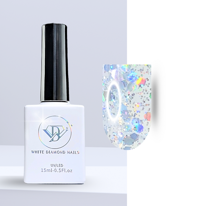 A bottle of White Diamond Nails gel polish in Silver Stardust, shade 324, featuring a sleek white design with a holographic logo. The polish is a clear gel base infused with holographic pieces, perfect for a sparkling and multidimensional manicure, set against a clean background.