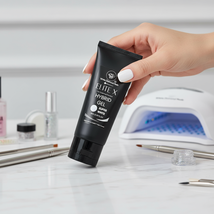 Hand holding a black tube of Elite X Hybrid Gel on a white surface with a blurred background