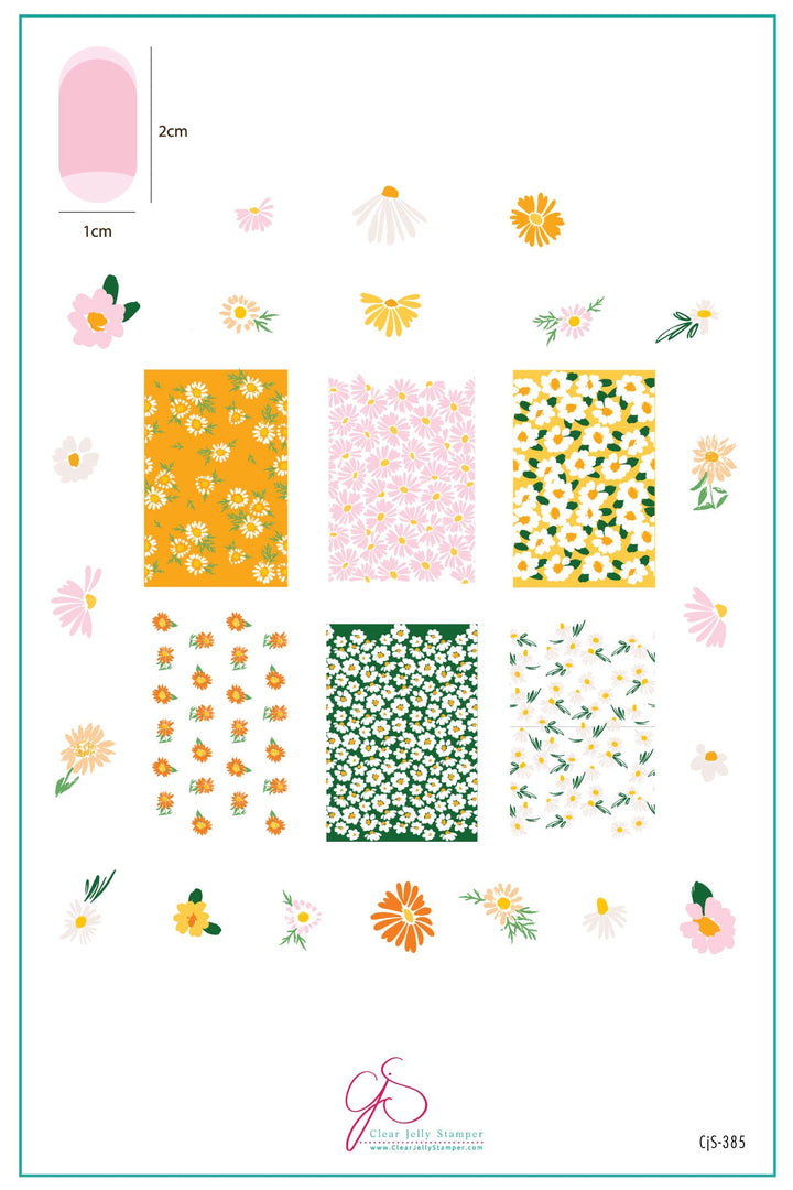 Colorful daisy-themed stamping plate with layered full coverage florals, scattered mini flowers, and accent blooms – CjS-385 by White Diamond Nails x CJS.