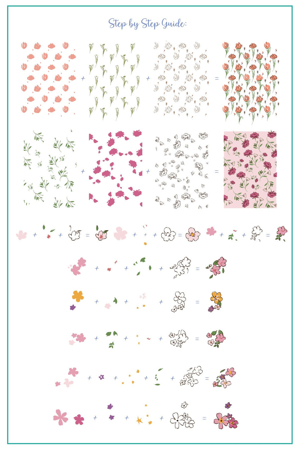 Step-by-step visual guide for layering the floral and leaf elements from the Dainty Doodles stamping plate.