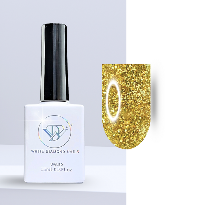 A bottle of White Diamond Nails gel polish in Sunrise Radiance, shade 308, featuring a sleek white design with a holographic logo. The polish showcases a dazzling golden hue infused with fine glitter, perfect for a sparkling and luxurious finish, set against a clean background.