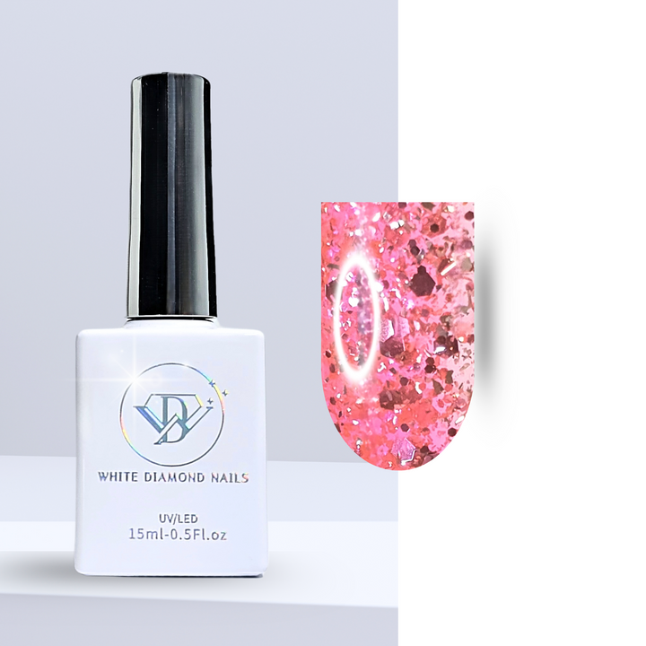 A bottle of White Diamond Nails gel polish in Strawberry Sensation, shade 323, featuring a sleek white design with a holographic logo. The polish has a clear base with a hint of pink, infused with pink and silver glitter, perfect for a delicate yet dazzling manicure, set against a clean background.