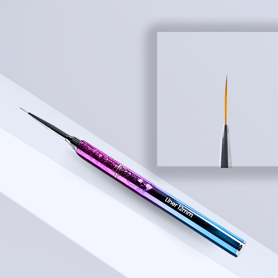 High-quality 12mm liner nail art brush with a fine, elongated tip, perfect for creating long, precise lines and elegant designs.