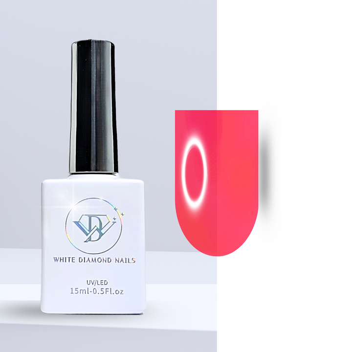 A bottle of White Diamond Nails gel polish in Ruby Glaze, shade 197, featuring a sleek white design with a holographic logo. The polish showcases a rich, translucent ruby red hue with a glass-like finish, perfect for an elegant and sophisticated manicure, set against a clean background.