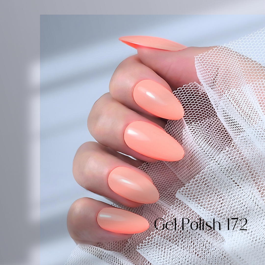 Four nails painted with White Diamond Nails gel polish in Apricot Whispers, shade 172, arranged to highlight the creamy light peach color with a smooth, glossy finish, creating a soft and sophisticated look, set against a minimalist background.