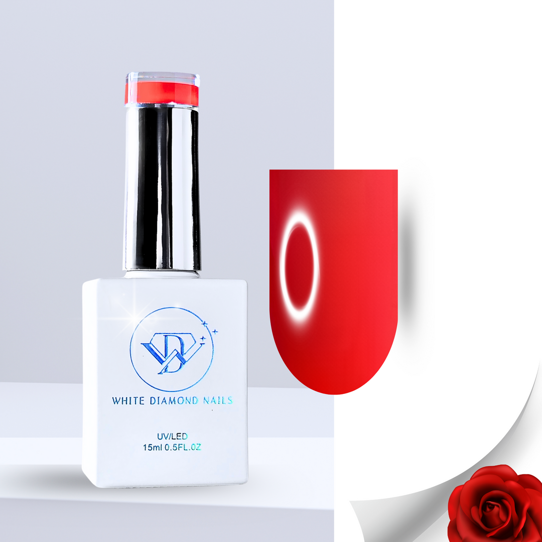 A bottle of White Diamond Nails gel polish in Passion Rose, shade S103, featuring a sleek white design with a holographic logo. The polish displays a vibrant, passionate red hue with a smooth, glossy finish, perfect for a bold and romantic look, set against a clean background.