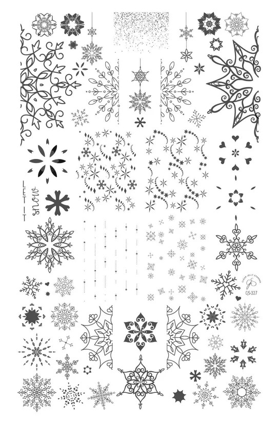 Clear Jelly Stamper CjS-327 Frozen Lace stamping plate in black and white, showcasing intricate lace and frost patterns for refined, seasonal nail art.