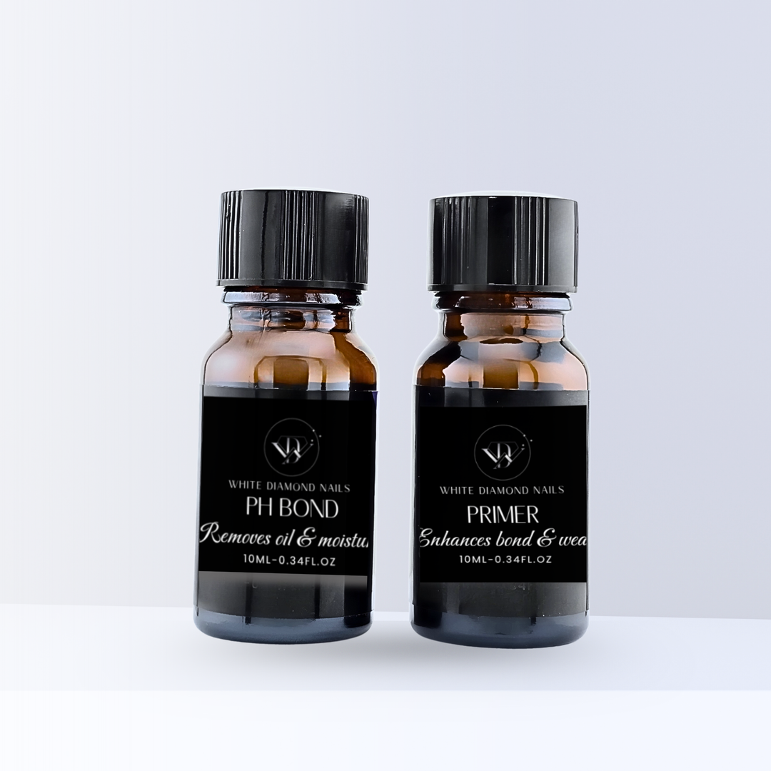 White Diamond Nails PH Bond and Primer set, two professional nail prep solutions in brown bottles with black caps, essential for gel and acrygel application.