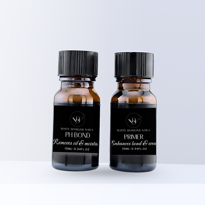 White Diamond Nails PH Bond and Primer set, two professional nail prep solutions in brown bottles with black caps, essential for gel and acrygel application.