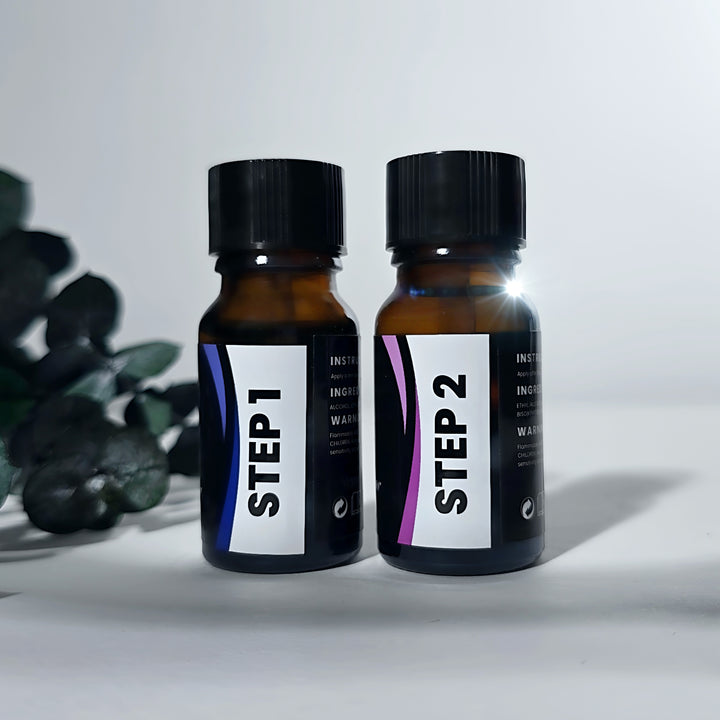 PH Bond and Primer set in amber bottles labeled Step 1 and Step 2, nail prep essentials by White Diamond Nails