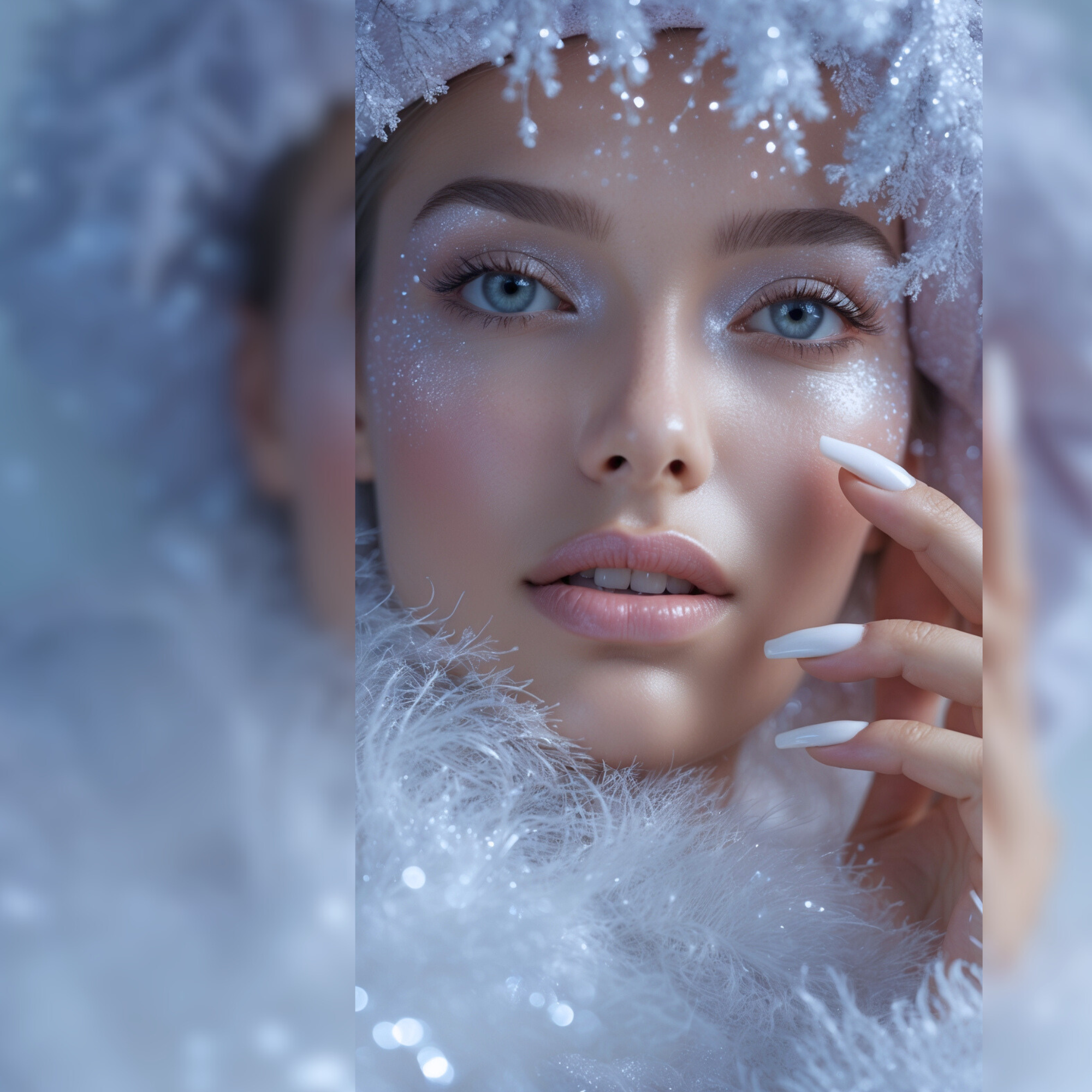 Model with open eyes posing with one hand near her face, wearing Pure Rose white gel polish with a soft frosted winter look and a delicate rose-scented aesthetic.