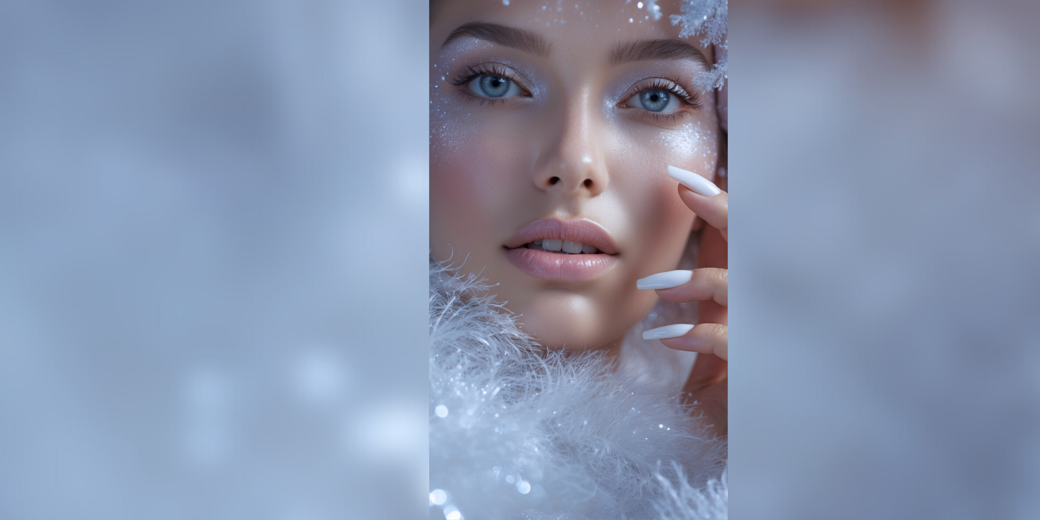 Winter-white gel polish on a model’s hand near her face, frosted Christmas look with a soft lavender-scent aesthetic.