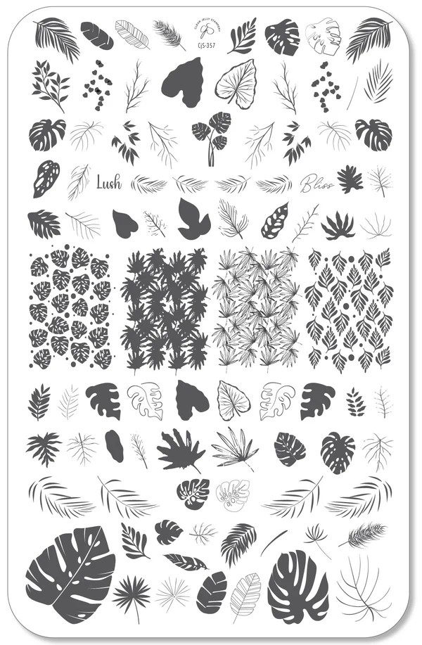 Clear Jelly Stamper CjS-357 Lush Leaves stamping plate in black and white, highlighting intricate leaf designs for elegant nail art creations.