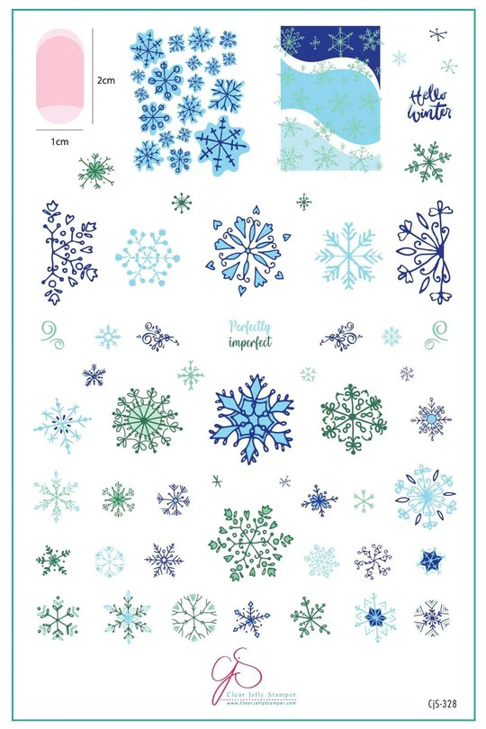 Clear Jelly Stamper CjS-328 Perfectly Imperfect stamping plate featuring intricate snowflake patterns, ideal for creating unique, winter-inspired nail art.